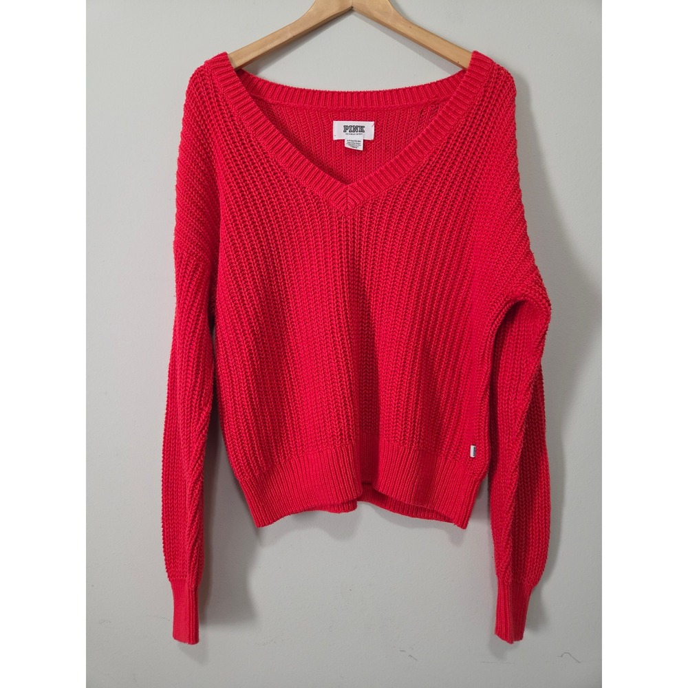 Victoria's Secret PINK Red V-Neck Chunky Knit Cotton Sweater Womens Small